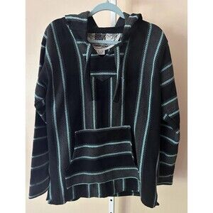 Original Senor Lopez Poncho Men L  Black Striped Hooded Drawstring Pullover Boho